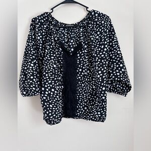 Express Black & White Polka Dot Lace-Accent Blouse